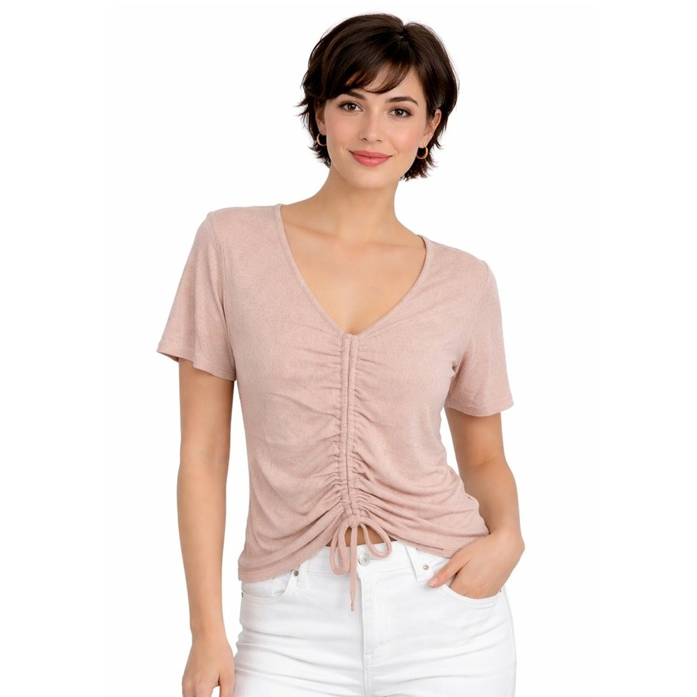Soncy Ruched V-Neck Top Women SZ‎ 14 Pink Excellent Short Sleeve Knit Tee